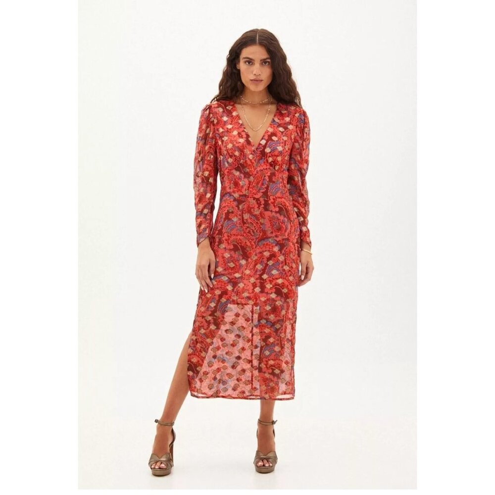 Hoss Intropia Marisa Cocktail Midi Dress Paisley Printed Long Sleeve S 277905